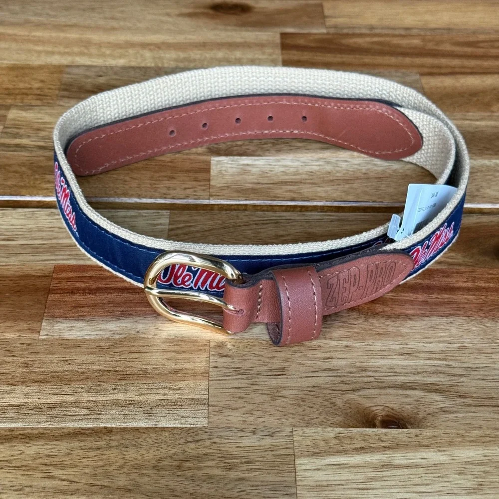 ZEP-PRO Ole Miss Rebels Men 34 Ribbon Belt Navy Tan Leather Brass USA Made NEW